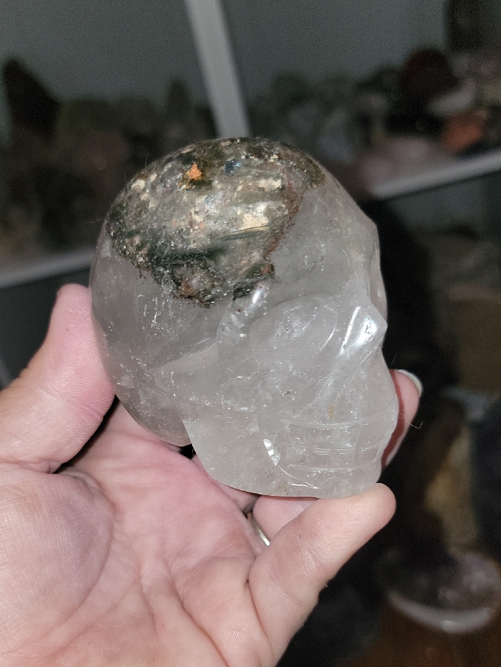Clear Quartz Crystal Skull With garden. Inclusions